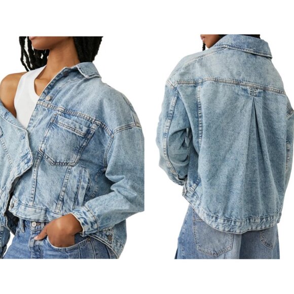 Free People We The Free Opal Swing Denim Jean Jacket Boxy Oversized Ocean Night - Picture 1 of 14